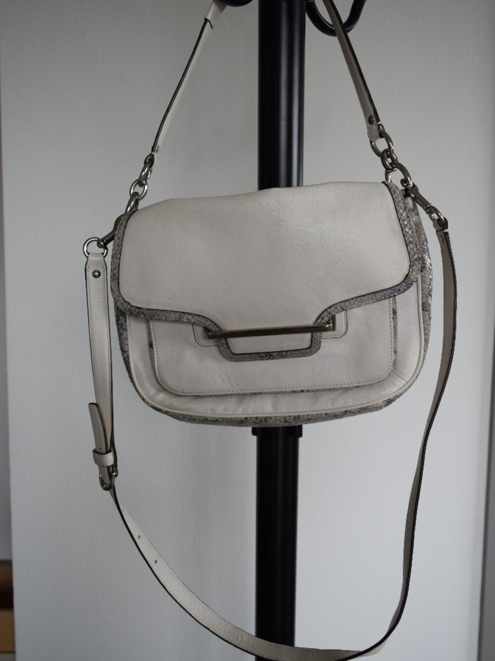 Coach White Leather Crossbody Bag Snakeskin Trim Silver Hardware